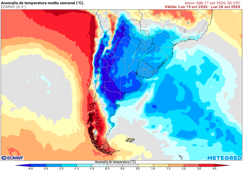 Pronóstico, Tiempo, Clima, Argentina Anomalía de temperatura prevista para los próximos 7 días según el modelo ECMWF