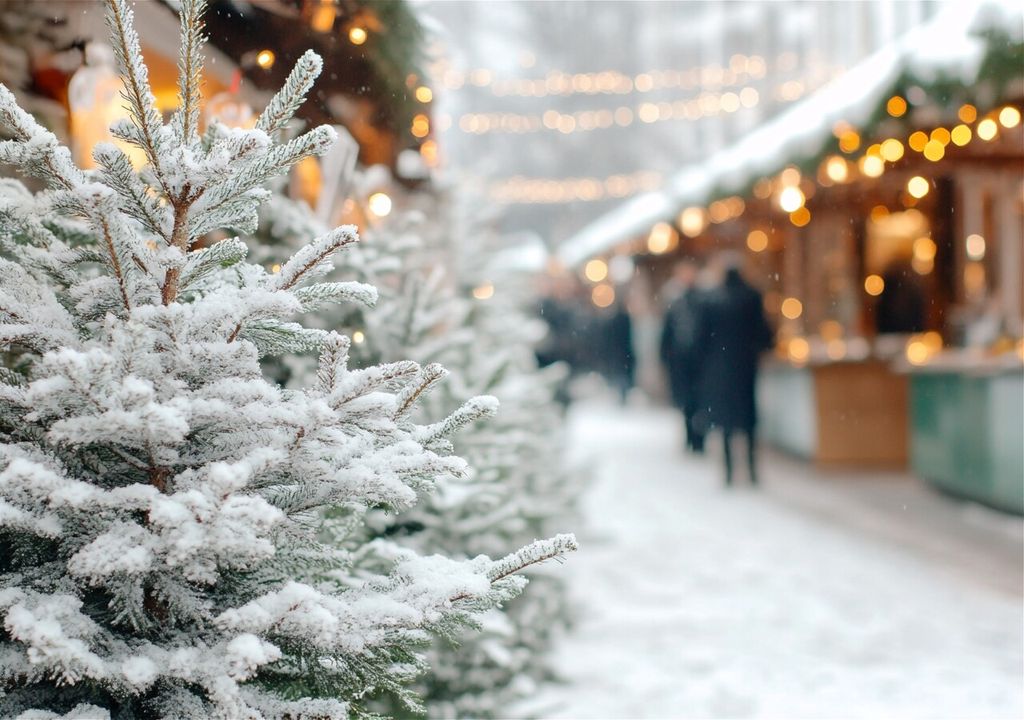 neve, abeti, bancarelle, luci