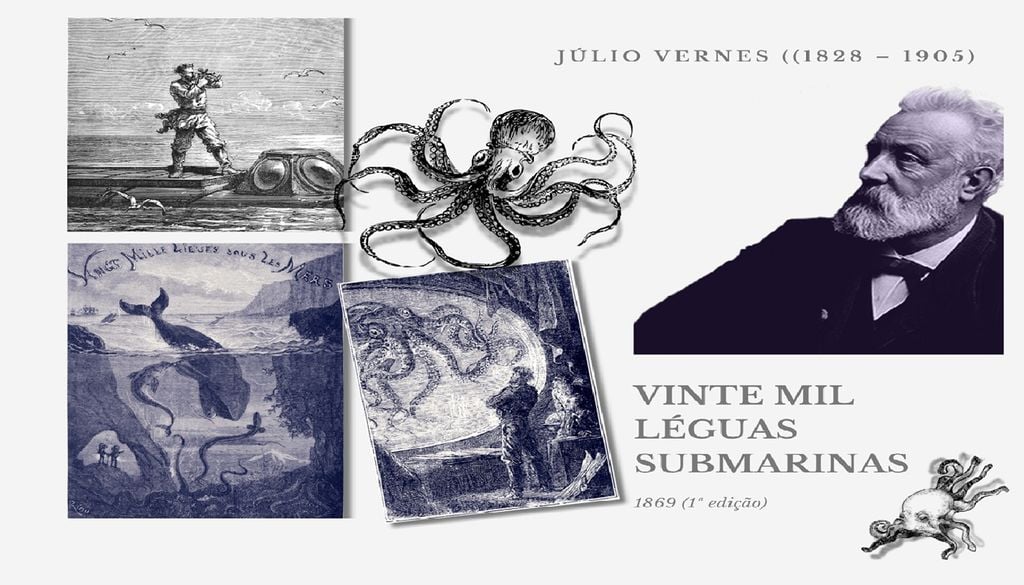 A obra “Vinte Mil Léguas Submarinas”, de Júlio Verne, marcou a infância de D. Carlos. Imagem trabalhada no canva.com sobre ilustrações de domínio público,