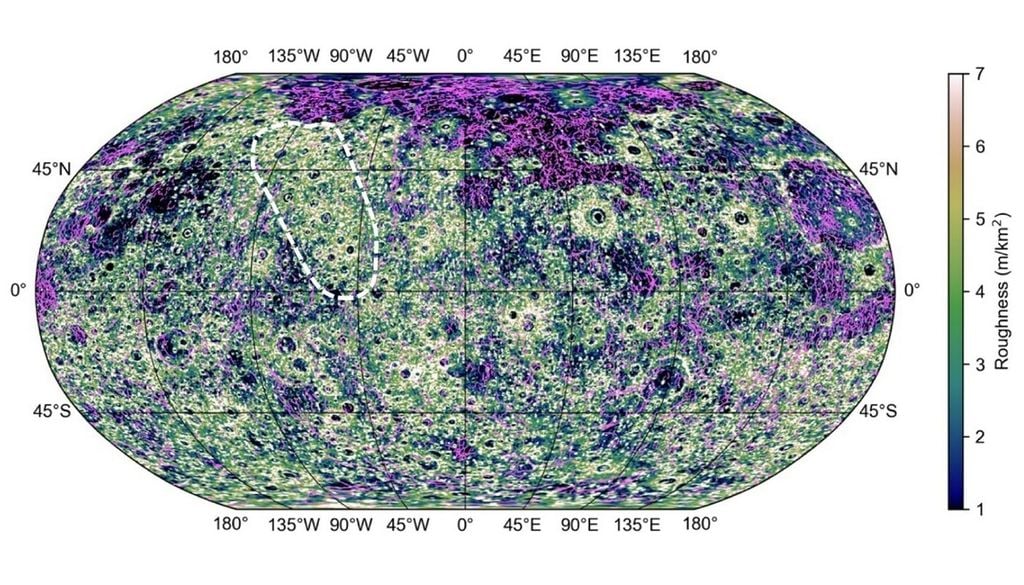Rauheitskarte mit einer Basislinie von 10 km. Die weiße gestrichelte Linie umreißt die ungefähre Ausdehnung eines unebenen Geländes um (40° N, 60° W). Rauheitskarte mit einer Basislinie von 10 km. Die weiße gestrichelte Linie umreißt die ungefähre Ausdehnung eines unebenen Geländes um (40° N, 60° W). Bild: Nishiyama et al. 2026