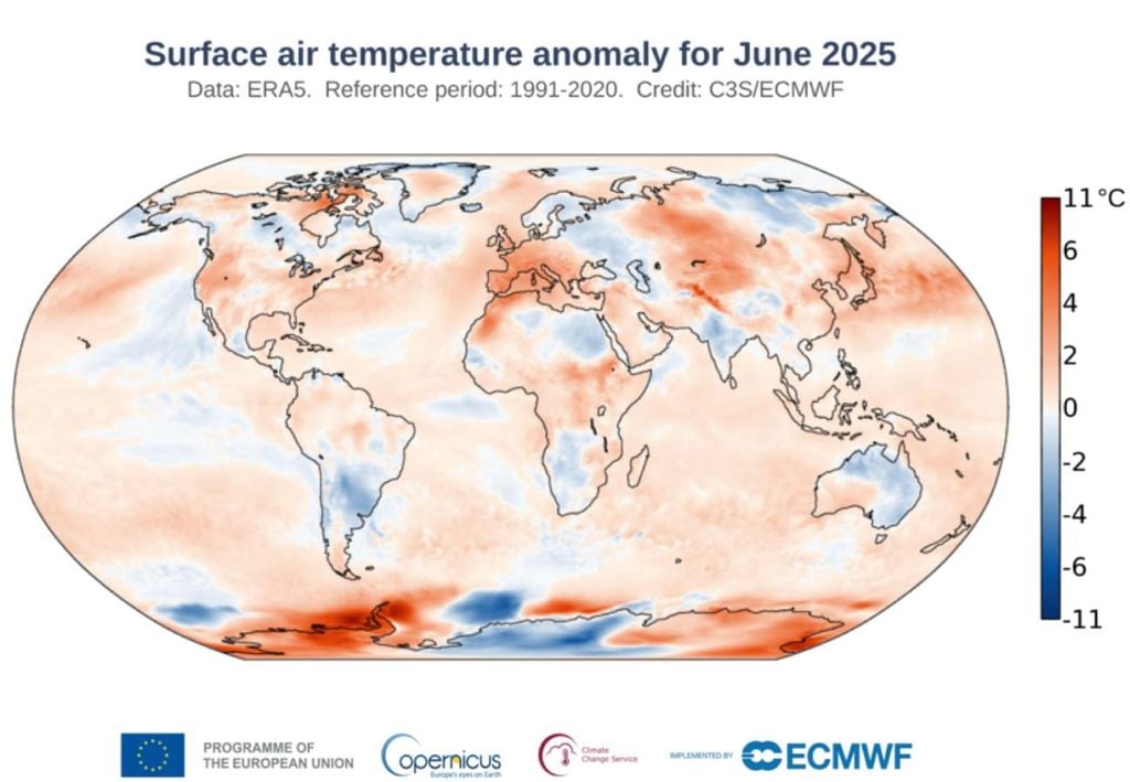 Globale Temperaturanomalien im Juni 2025 im Vergleich zum Referenzzeitraum 1991-2020. Credits: Angepasst von C3S/ECMWF. Globale Temperaturanomalien im Juni 2025 im Vergleich zum Referenzzeitraum 1991-2020. Credits: Angepasst von C3S/ECMWF.
