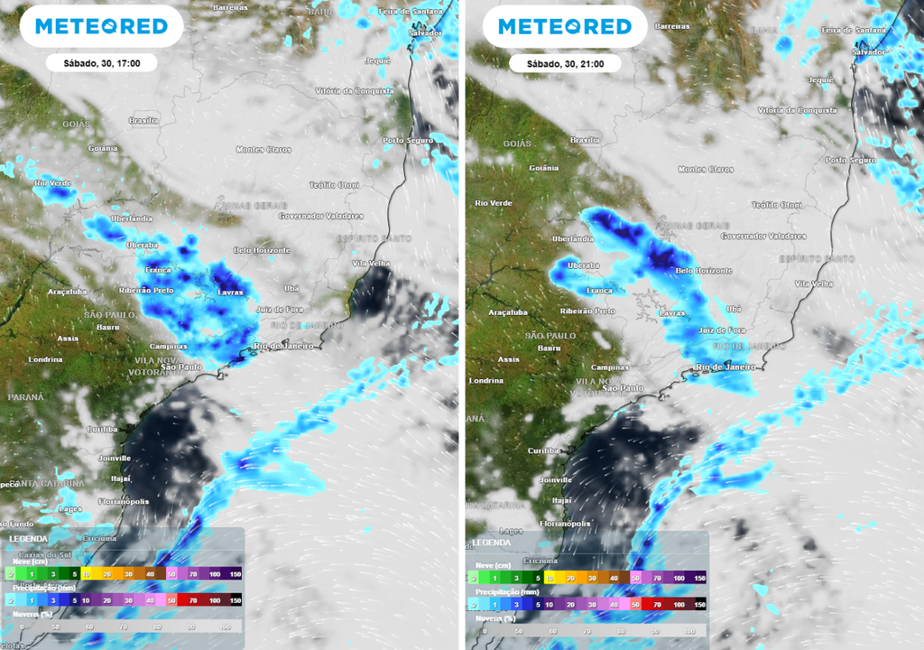 Previsão de precipitação (em mm) e nebulosidade para sábado (30) às 17h à esquerda e para as 21h à direita, segundo o modelo europeu ECMWF.