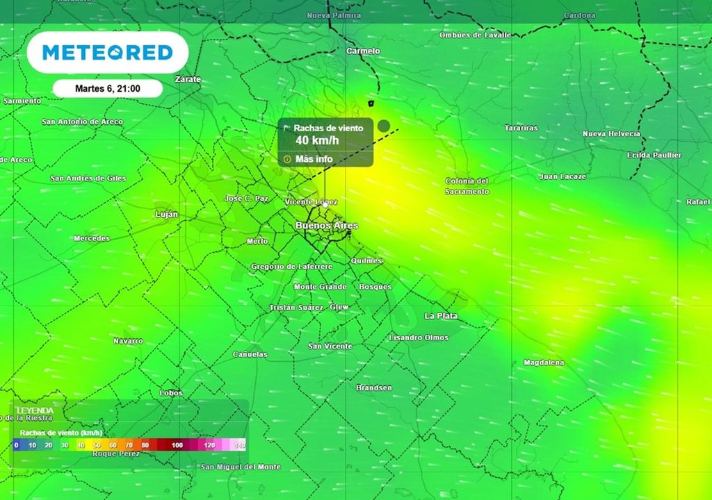 6 de octubre con tarde y noche ventosas en Buenos Aires, ráfagas +40 km/h del este, en el Monumental durante el homenaje a Messi y último partido con la Selección.