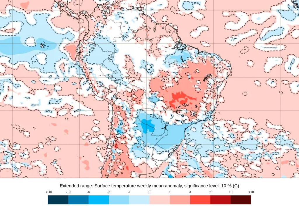 Previsão de anomalia semanal de temperatura para os dias entre 8 e 15 de setembro. Créditos: ECMWF.