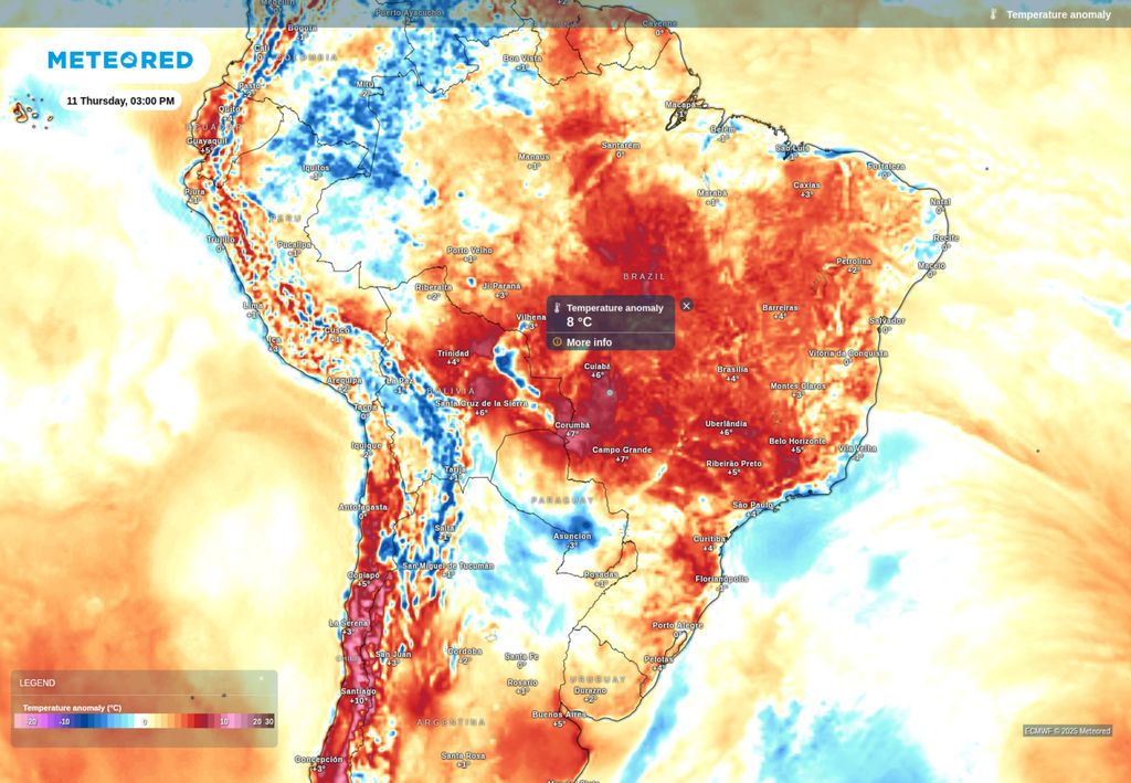 Previsão de anomalia de temperatura máxima nesta quinta-feira (11), de acordo com o ECMWF.