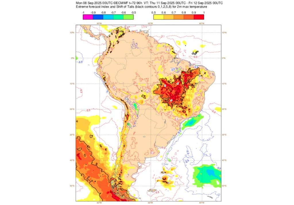 EFI do ECMWF para a temperatura máxima nesta quinta-feira (11). Créditos: ECMWF.