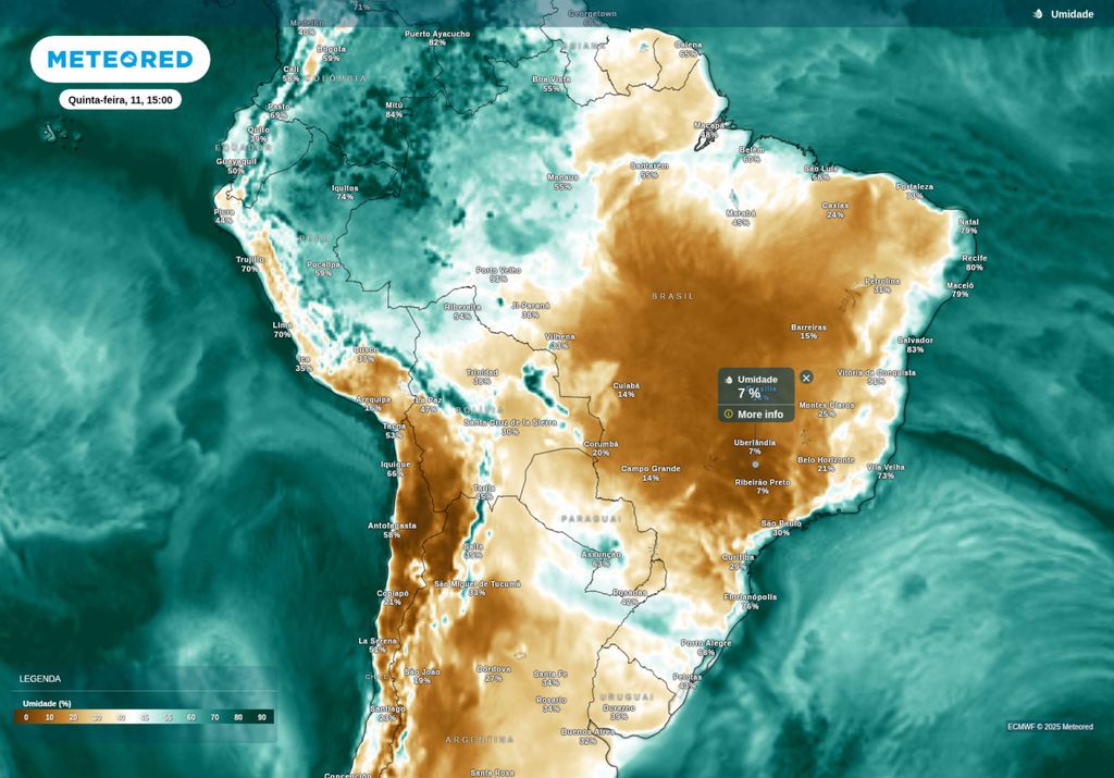 Previsão de umidade relativa nesta quinta-feira (11), de acordo com o ECMWF.