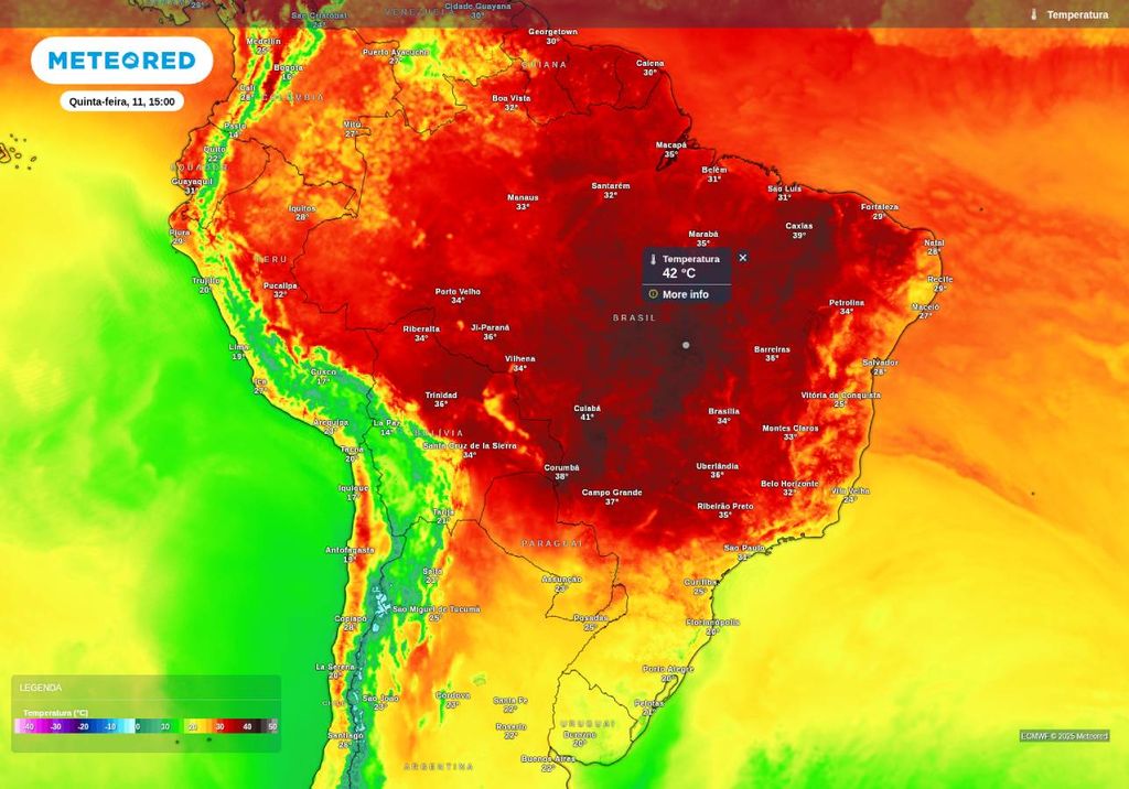 Previsão de temperatura máxima nesta quinta-feira (11), de acordo com o ECMWF.