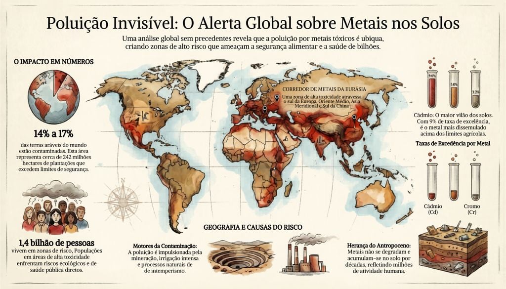 Mapa global mostra áreas agrícolas com maior probabilidade de contaminação por metais tóxicos, destacando regiões críticas para produção de alimentos e segurança ambiental.
