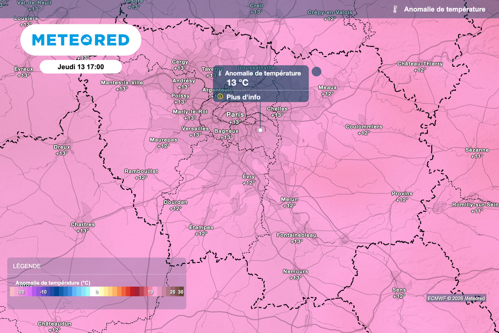 Jeudi après-midi, les températures seront plus de 10 °C au-dessus des normales de saison en Île-de-France. Jeudi après-midi, les températures seront plus de 10 °C au-dessus des normales de saison en Île-de-France.