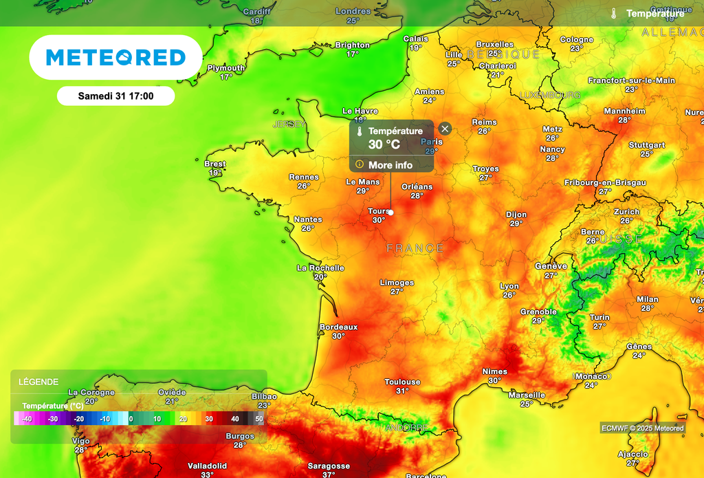 Des pointes à plus de 30 degrés samedi après-midi sur le nord de la France. Des pointes à plus de 30 degrés samedi après-midi sur le nord de la France.