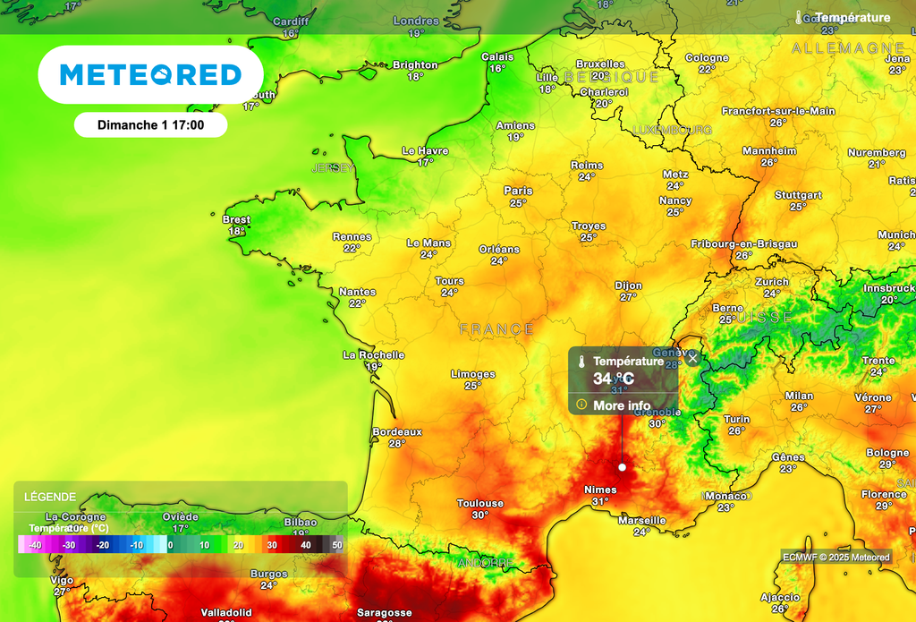 Températures toujours très chaudes dimanche après-midi près du Golfe du Lion et sur la basse vallée du Rhône. Températures toujours très chaudes dimanche après-midi près du Golfe du Lion et sur la basse vallée du Rhône.