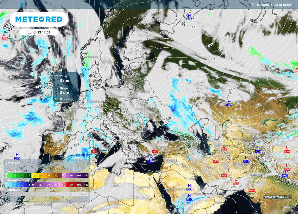 Sur cette carte de prévisions pour le lundi 13 avril, on voit bien l'installation des hautes pressions sur la Scandinavie, orientant le flux à l'Est sur une grande partie de l'Europe.