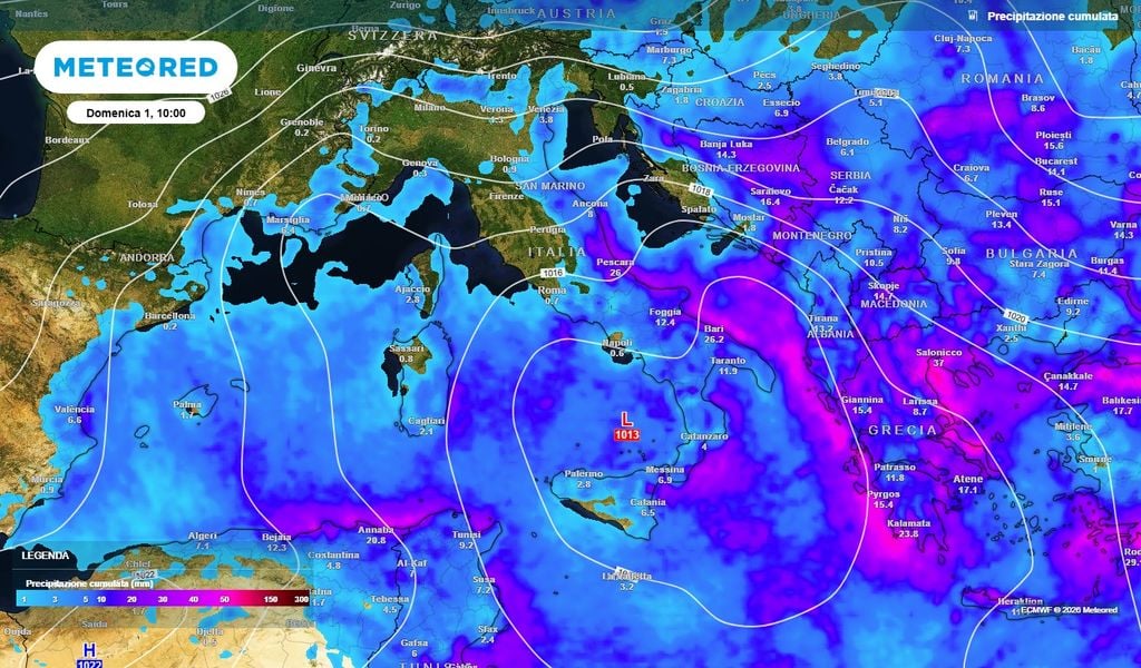 Precipitazioni cumulate previste per domenica 1° novembre, con gli accumuli più significativi concentrati soprattutto tra medio e basso Adriatico e settori del Mediterraneo centrale.