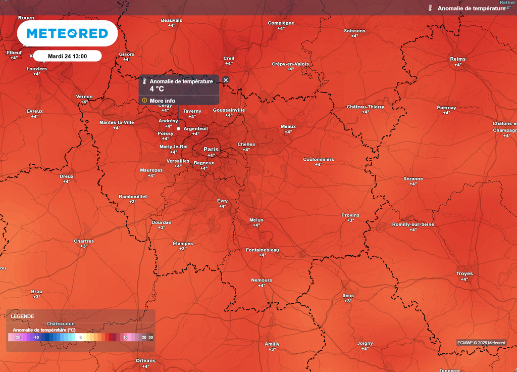 Anomalie de températures Paris mardi après-midi Jusqu'à mardi, les après-midis à Paris et en Île-de-France resteront marqués par la douceur, avec des valeurs souvent 3 à 5°C au-dessus des moyennes de saison.