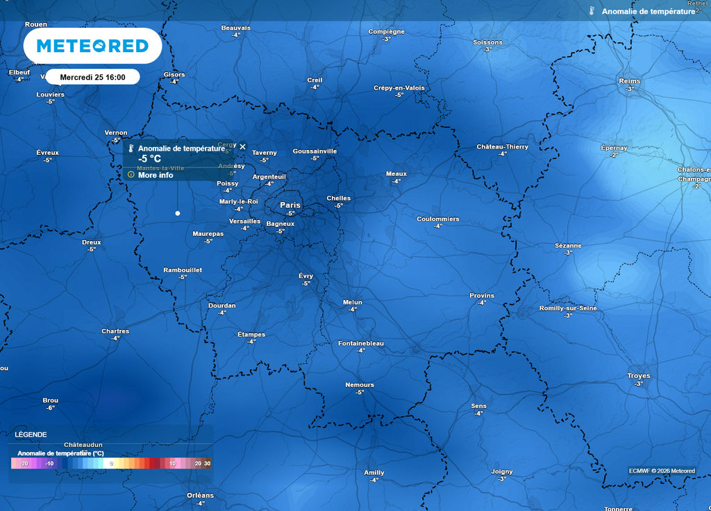Anomalie de températures mercredi après-midi Paris Brutal changement en vue côté températures sur Paris et l'Île-de-France pour l'après-midi de mercredi : le froid revient, avec 10°C de perdus en 24h !