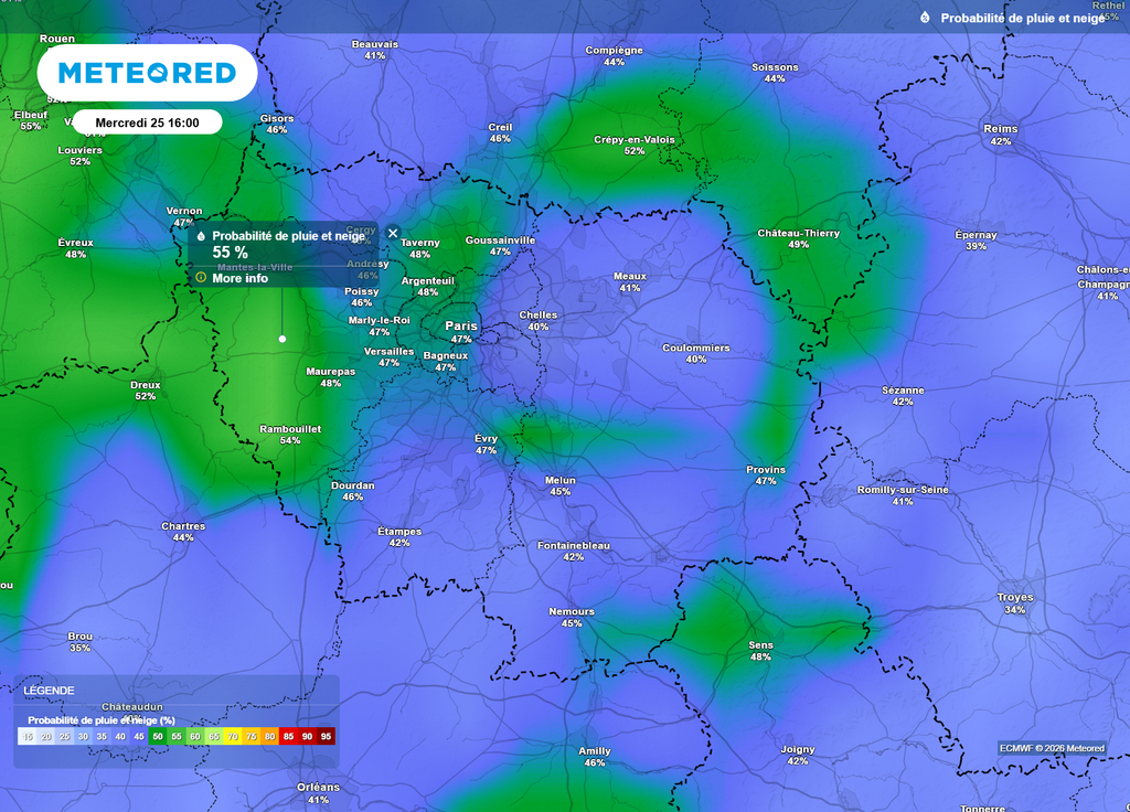 Probabilité de pluie et de neige mercredi Paris Mercredi, nuages et averses feront leur retour sur la région parisienne, avec des giboulées de pluie, de grésil voire de neige fondante.