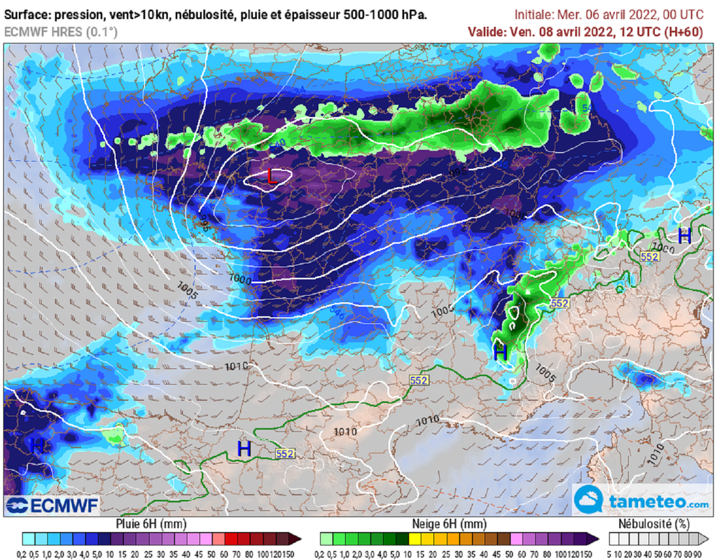 Situation prévue vendredi midi (modèle ECMWF) avec les pluies en bleu/violet et la neige en vert. Situation prévue vendredi midi (modèle ECMWF) avec les pluies en bleu/violet et la neige en vert.