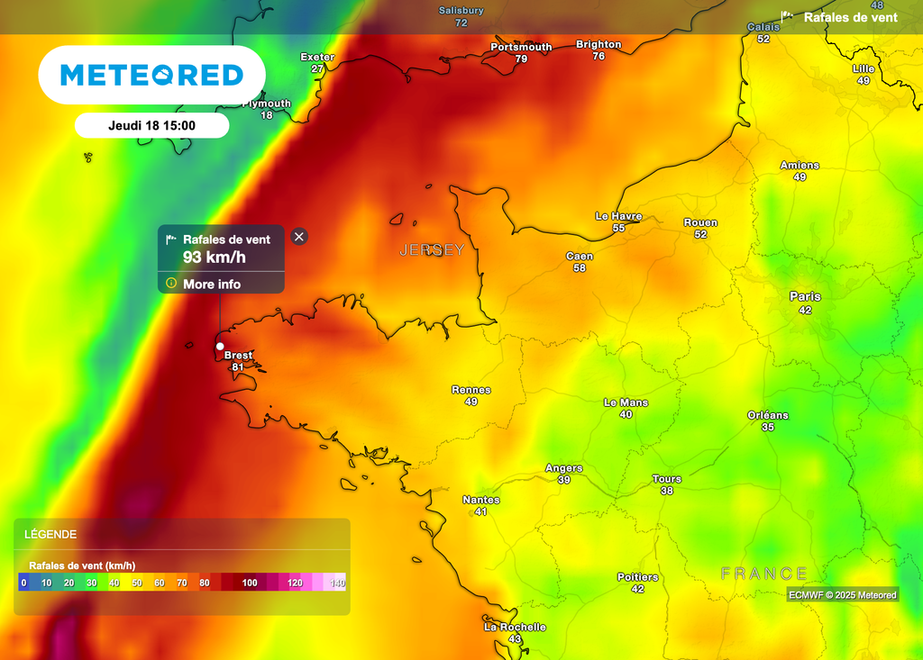 Rafales de vent proches de 100 km/h sur les côtes bretonnes.