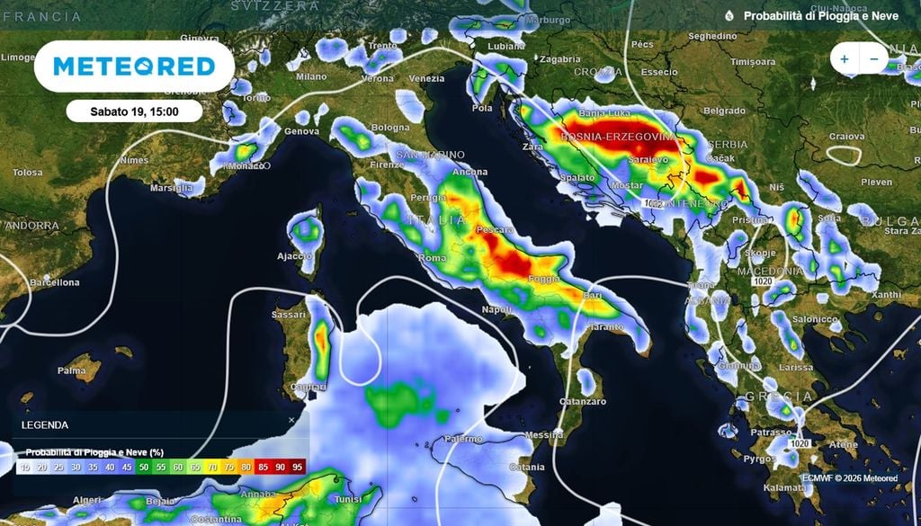 Ancora instabilità sabato pomeriggio: nella mappa le aree a maggior probabilità di precipitazioni secondo il modello ECMWF.