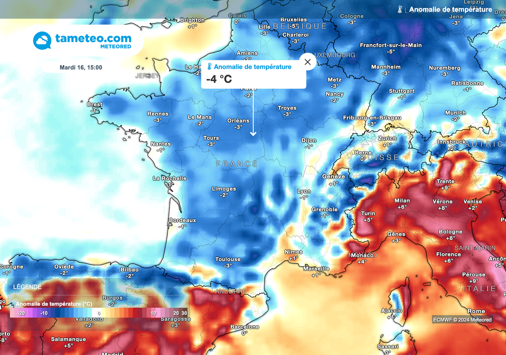 Températures sous les normales de saison ce mardi 16 avril 2024.
