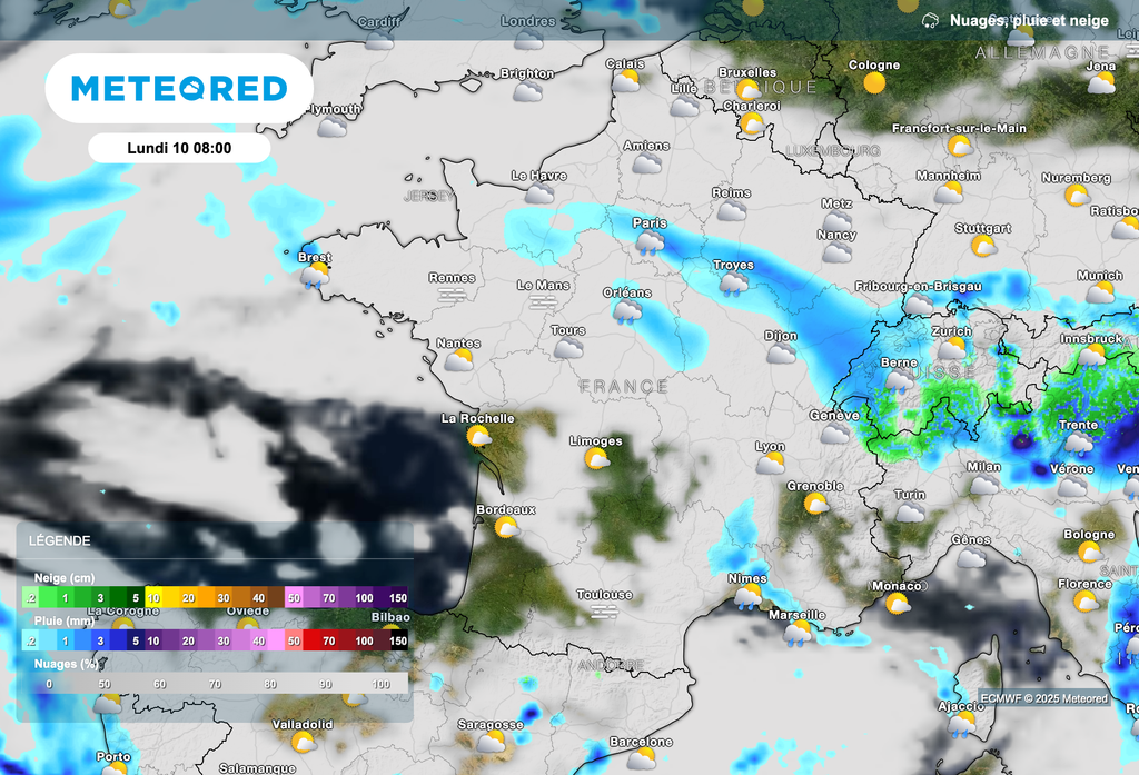 Quelques pluies ce matin entre la Bretagne, l'Île-de-France et la région Grand Est.