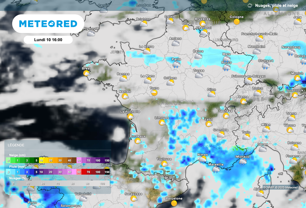 Temps instable avec des averses sur un grand quart sud-est de la France.