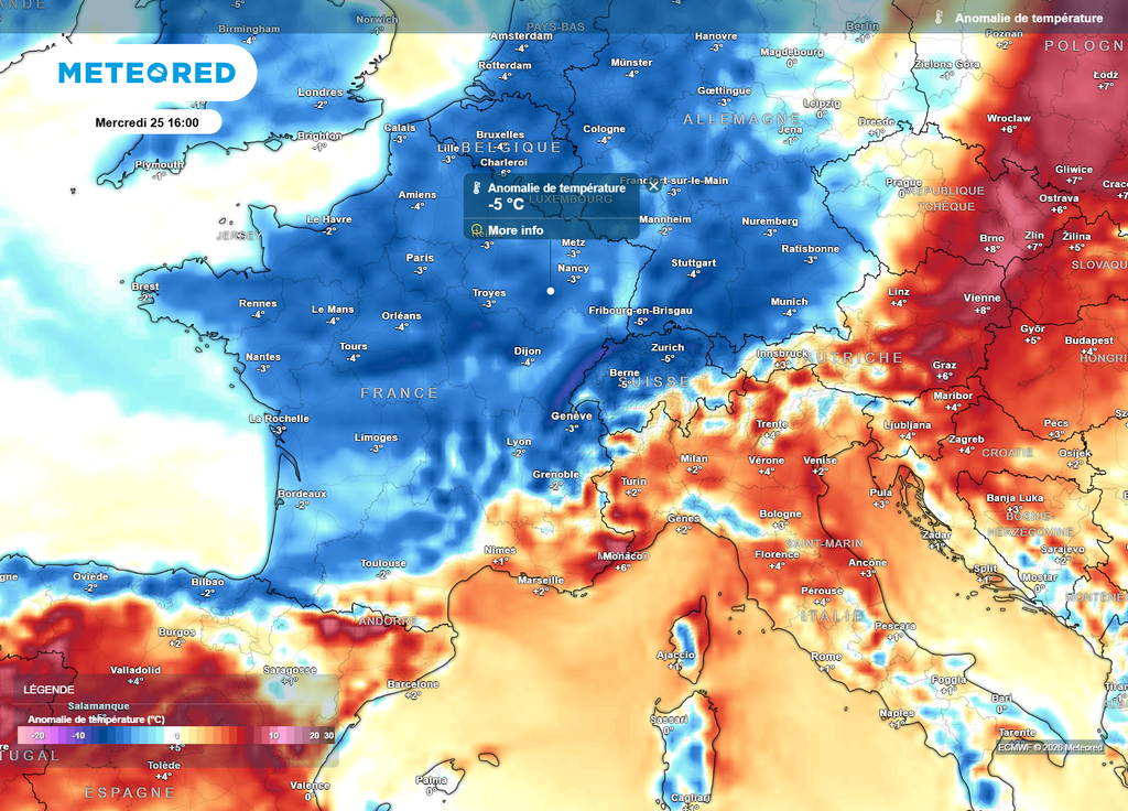 Contraste saisissant : mercredi après-midi, les températures seront situées 2 à 5°C en-dessous des normales de saison !