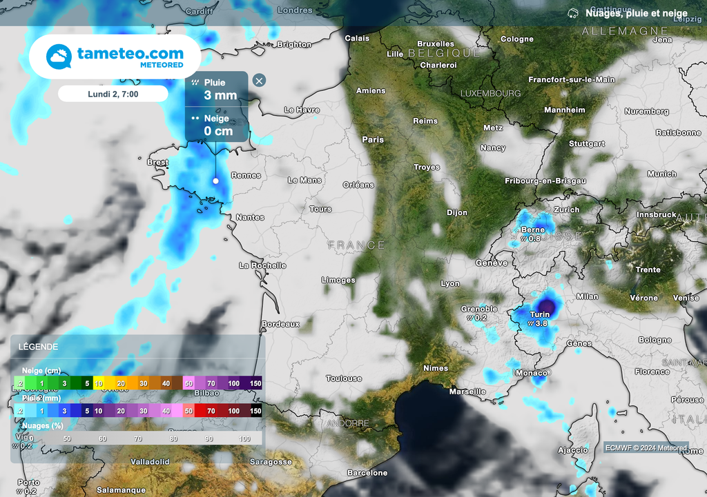Arrivée de pluies en Bretagne ce matin.