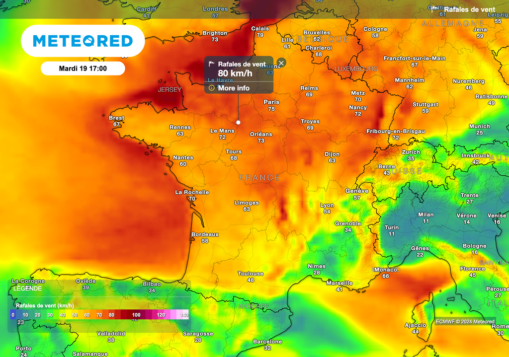 Des rafales à près de 100 km/h sur les côtes de la Manche mardi.