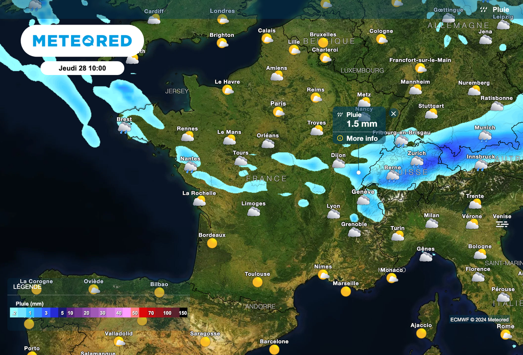 Des pluies faibles attendues ce jeudi entre la Bretagne, le Centre et le nord des Alpes. Des pluies faibles attendues ce jeudi entre la Bretagne, le Centre et le nord des Alpes.