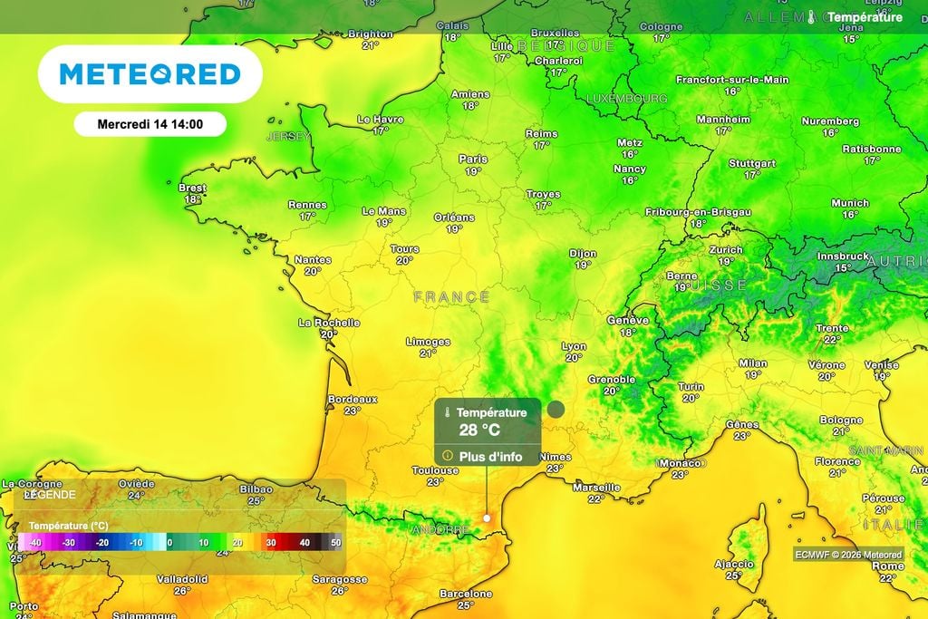 Maximales prévues cet après-midi en France. Source : modèle ECMWF Maximales prévues cet après-midi en France. Source : modèle ECMWF