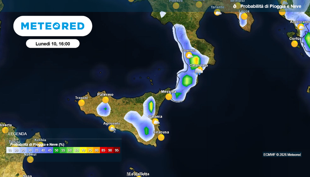 Instabilità pomeridiana lunedì 10 agosto al Sud, tra Calabria e Sicilia.