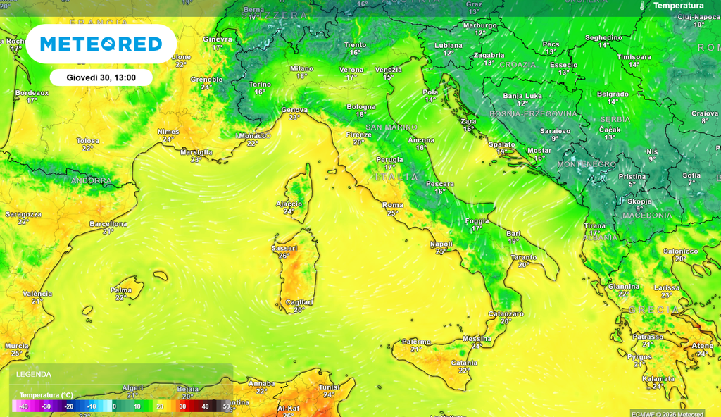 Temperature previste in Italia alle 13:00 di domani.