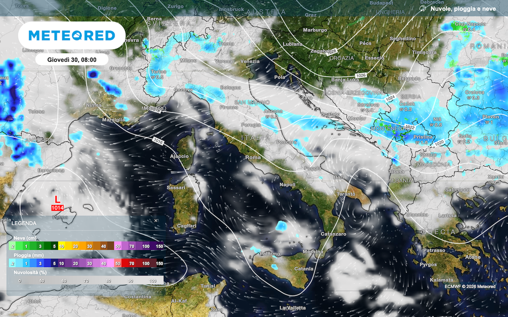 Le precipitazioni previste giovedì 30 aprile 2026 da ECMWF appaiono molto irregolari e locali.