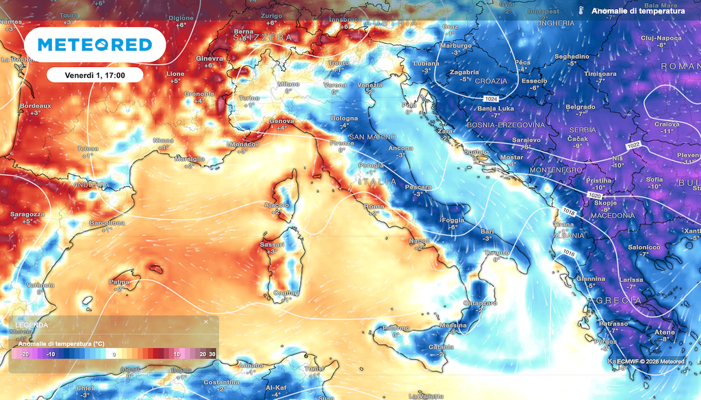 Temperature leggermente sotto la media il primo maggio nei versanti adriatici e parte della Sicilia, allineate o leggermente sopra media nel versante tirrenico e Sardegna.