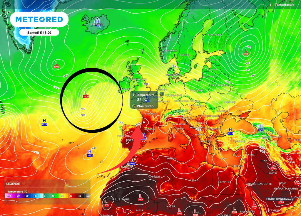 Cyclogenèse samedi flux de Sud-Ouest Samedi, la dépression creusée au Nord-Ouest des Açores prendra la direction de l'Irlande, propulsant l'air chaud sur la France, jusqu'aux régions centrales.