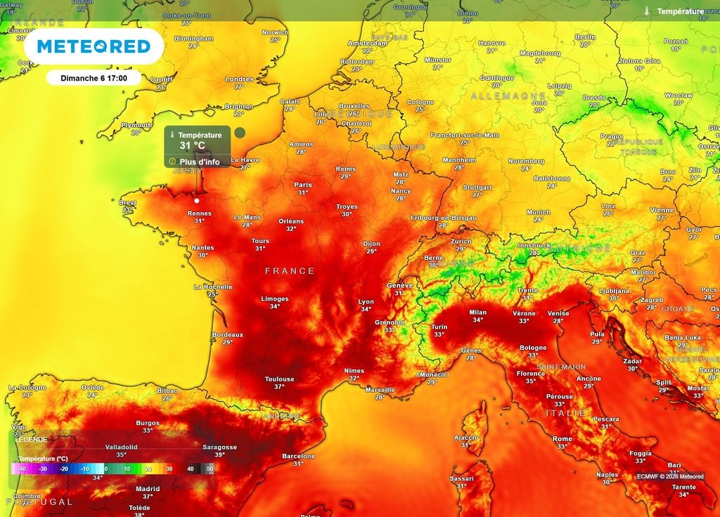Températures dimanche après-midi Dimanche après-midi, la chaleur va s'étendre aussi aux régions du Nord, avec des pointes à 31°C prévues jusqu'au Nord de la Bretagne !