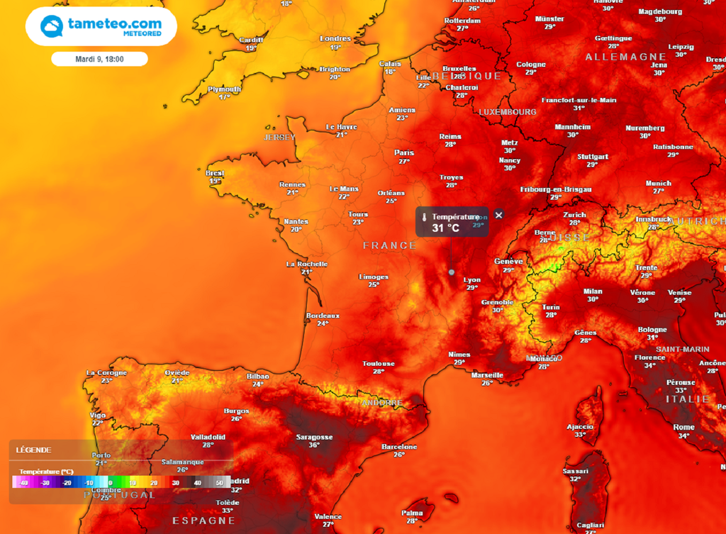 Le mercure restera bloqué en dessous des 20°C dans le nord-ouest mardi pendant que les 30°C seront souvent atteints ou dépassés ailleurs... Le mercure restera bloqué en dessous des 20°C dans le nord-ouest mardi pendant que les 30°C seront souvent atteints ou dépassés ailleurs...