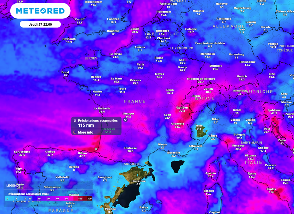 Les cumuls de pluies s'annoncent conséquents en début de semaine du sud-ouest aux Alpes. Les cumuls de pluies s'annoncent conséquents en début de semaine du sud-ouest aux Alpes.