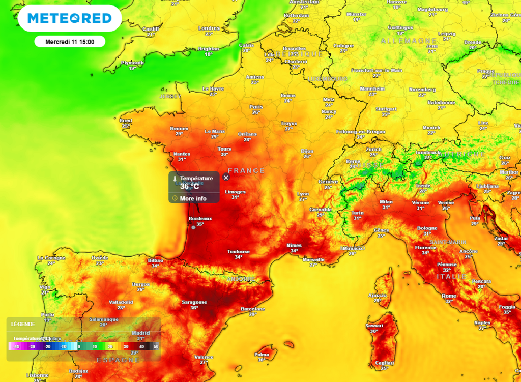 Mercredi après-midi, des pointes à plus de 35°C sont attendues dans le sud-ouest. Mercredi après-midi, des pointes à plus de 35°C sont attendues dans le sud-ouest.
