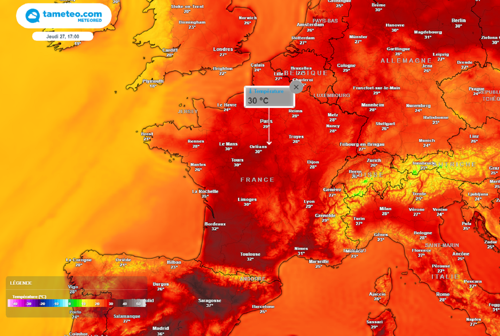 Entre mercredi et jeudi, les pointes à 30°C ou plus seront fréquentes du sud-ouest jusqu'à l'Île-de-France.