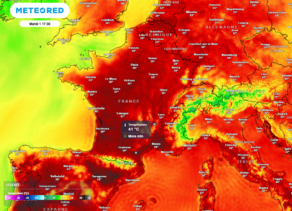 Mardi sera la journée la plus chaude de l'épisode avec des maximales atteignant ou dépassant les 40°C.