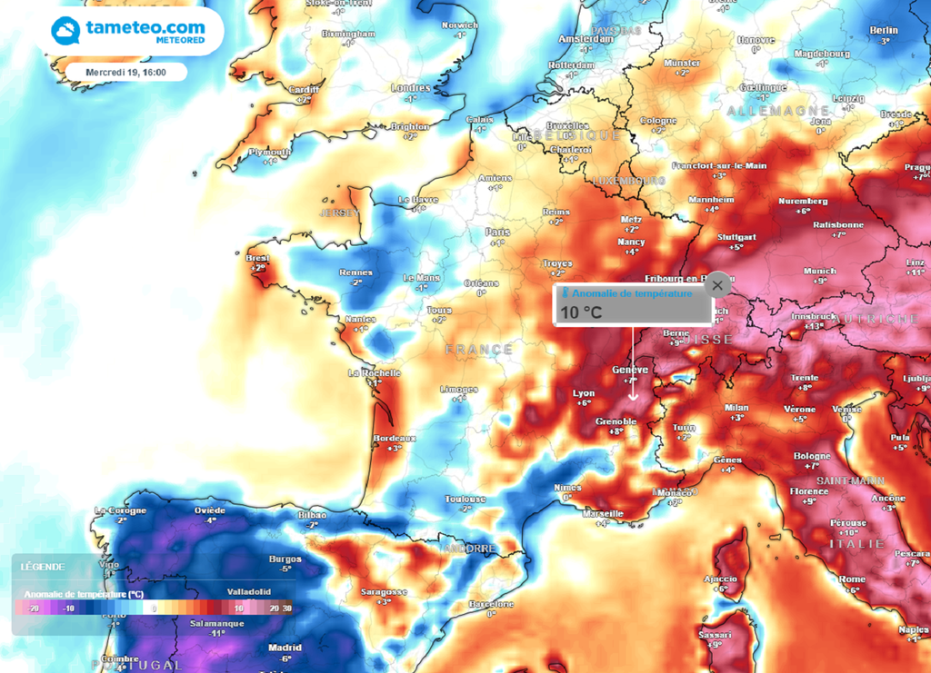En milieu de semaine, le contraste sera saisissant entre l'ouest et l'est où les valeurs seront situées jusqu'à 10°C au-dessus des normales...