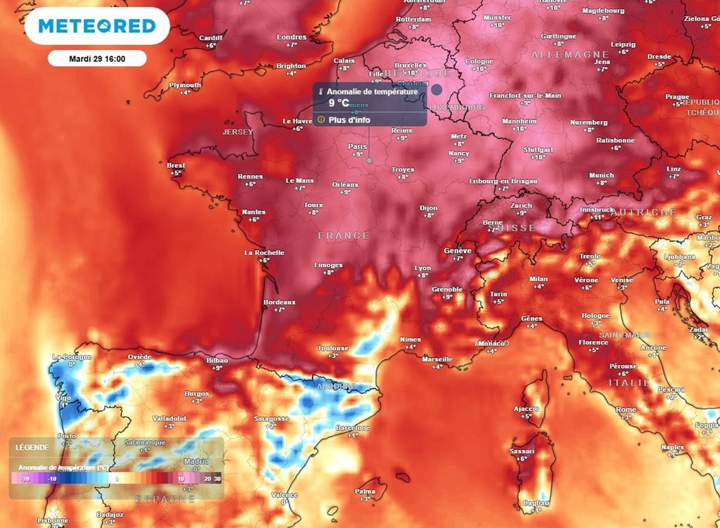 Mardi après-midi, les valeurs seront situées jusqu'à 9°C au-dessus des normales saisonnières. Mardi après-midi, les valeurs seront situées jusqu'à 9°C au-dessus des normales saisonnières.
