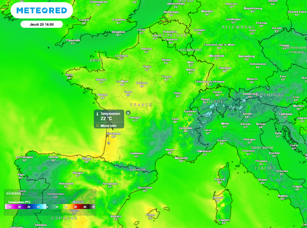 Jeudi après-midi, l'ambiance sera véritablement printanière avec des maximales s'approchant ou dépassant les 20°C dans un large quart sud-ouest.