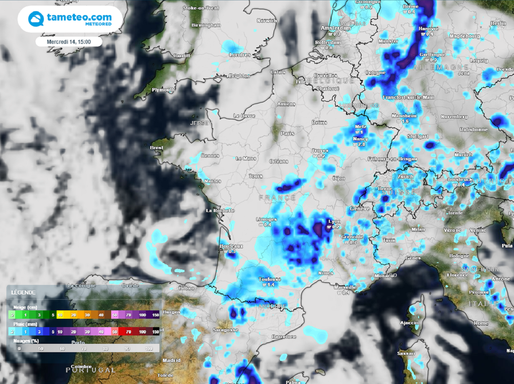 L'axe orageux s'annonce organisé et marqué mercredi entre le sud-ouest et le nord-est du pays. L'axe orageux s'annonce organisé et marqué mercredi entre le sud-ouest et le nord-est du pays.