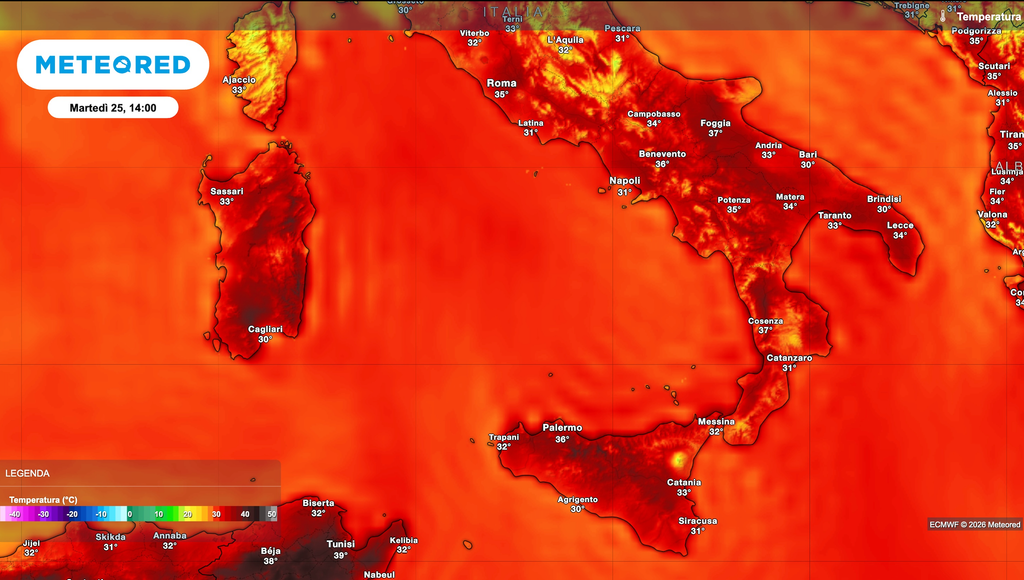 Temperature previste per martedì prossimo alle ore 15