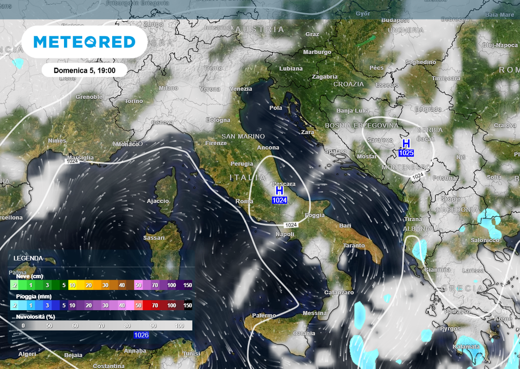La giornata di Pasqua trascorrerà sotto il dominio dell'alta pressione con temperature da primavera inoltrata quasi ovunque. Al Sud, in particolare sull'a Puglia e sui versanti ionici, gli "sbuffi" residui delle correnti settentrionali potrebbero ancora far avvertire una sensazione di freddo/fresco.