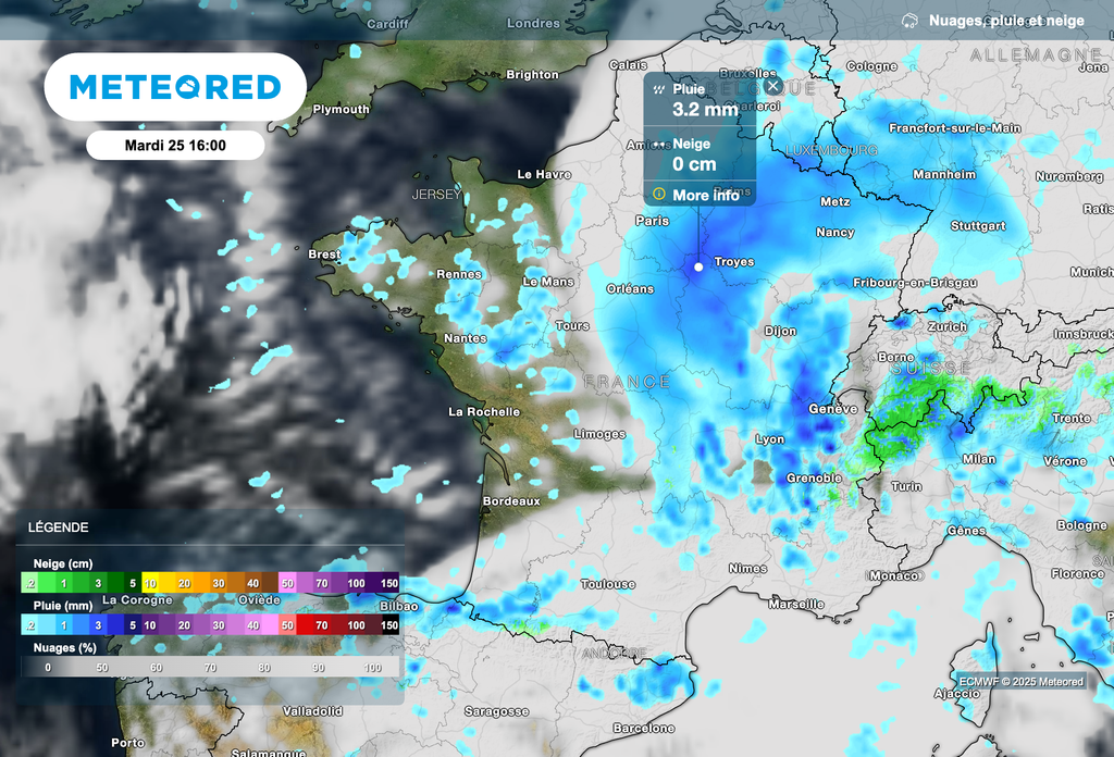Les pluies gagnent le nord-est de la France mardi après-midi.